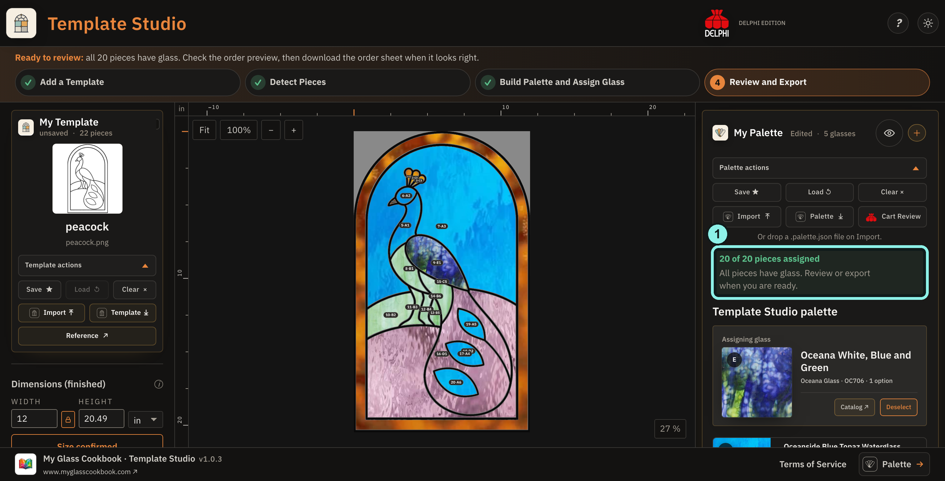 Completed five-glass peacock in dark Template Studio, with all 20 active pieces assigned.