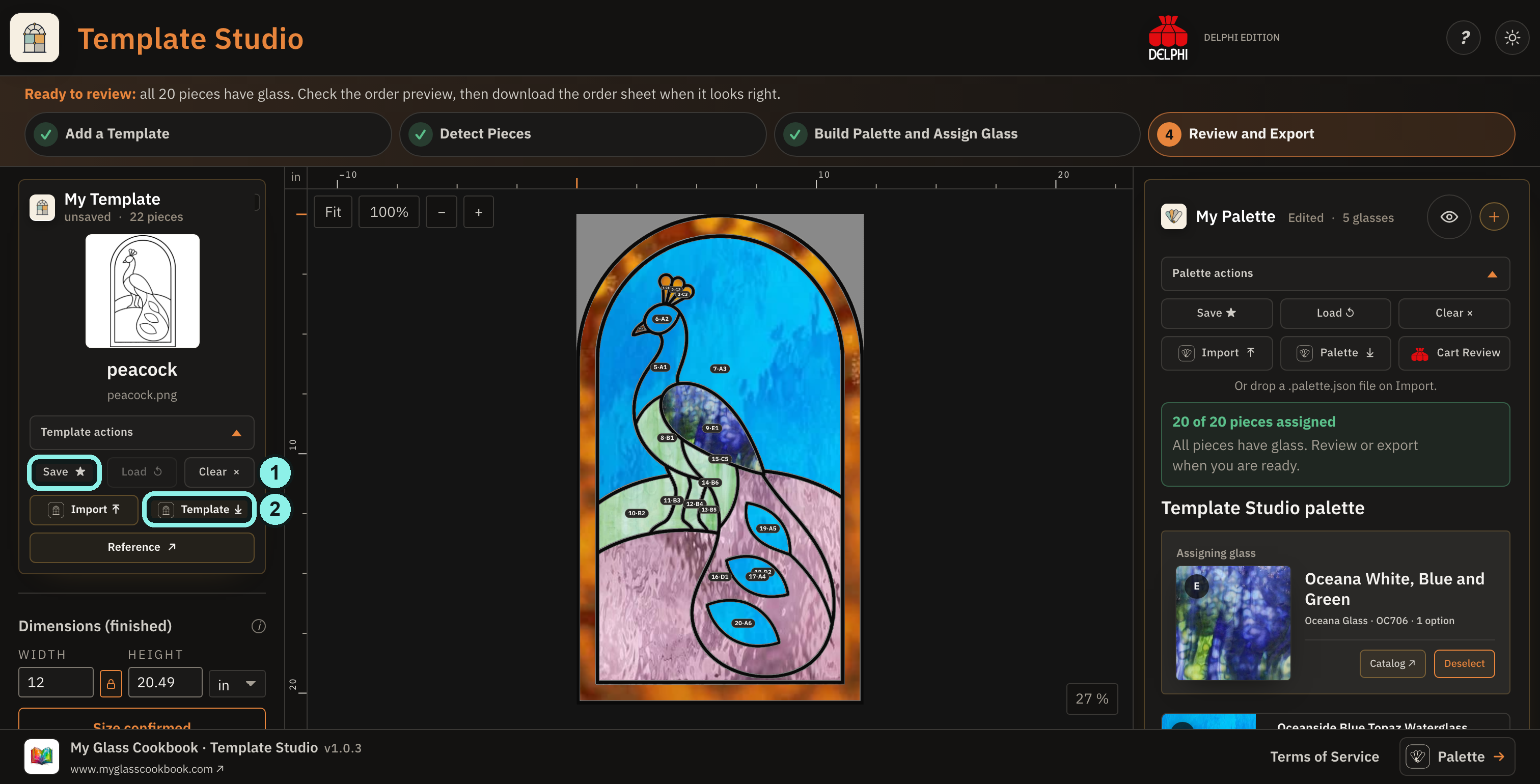 Completed peacock in dark Template Studio, with Save and Template download actions outlined in My Template.