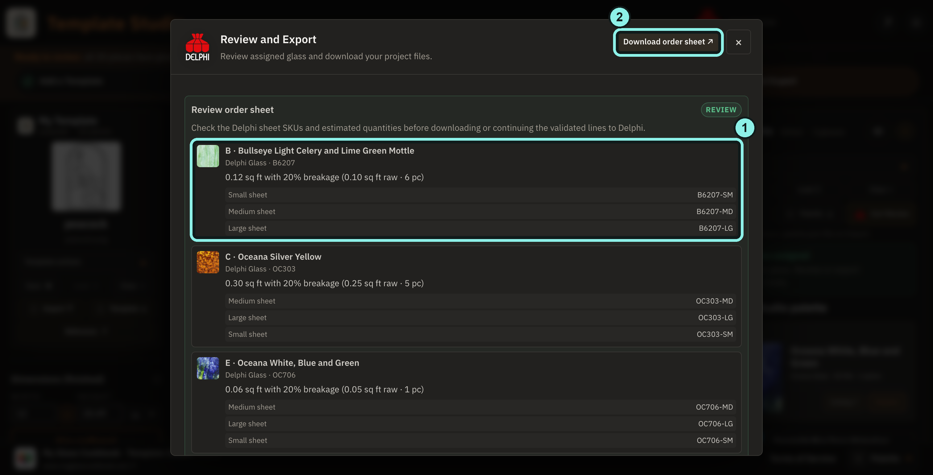 Review and Export dialog showing stained-glass SKUs and estimated areas for the peacock, with order lines and Download order sheet outlined.
