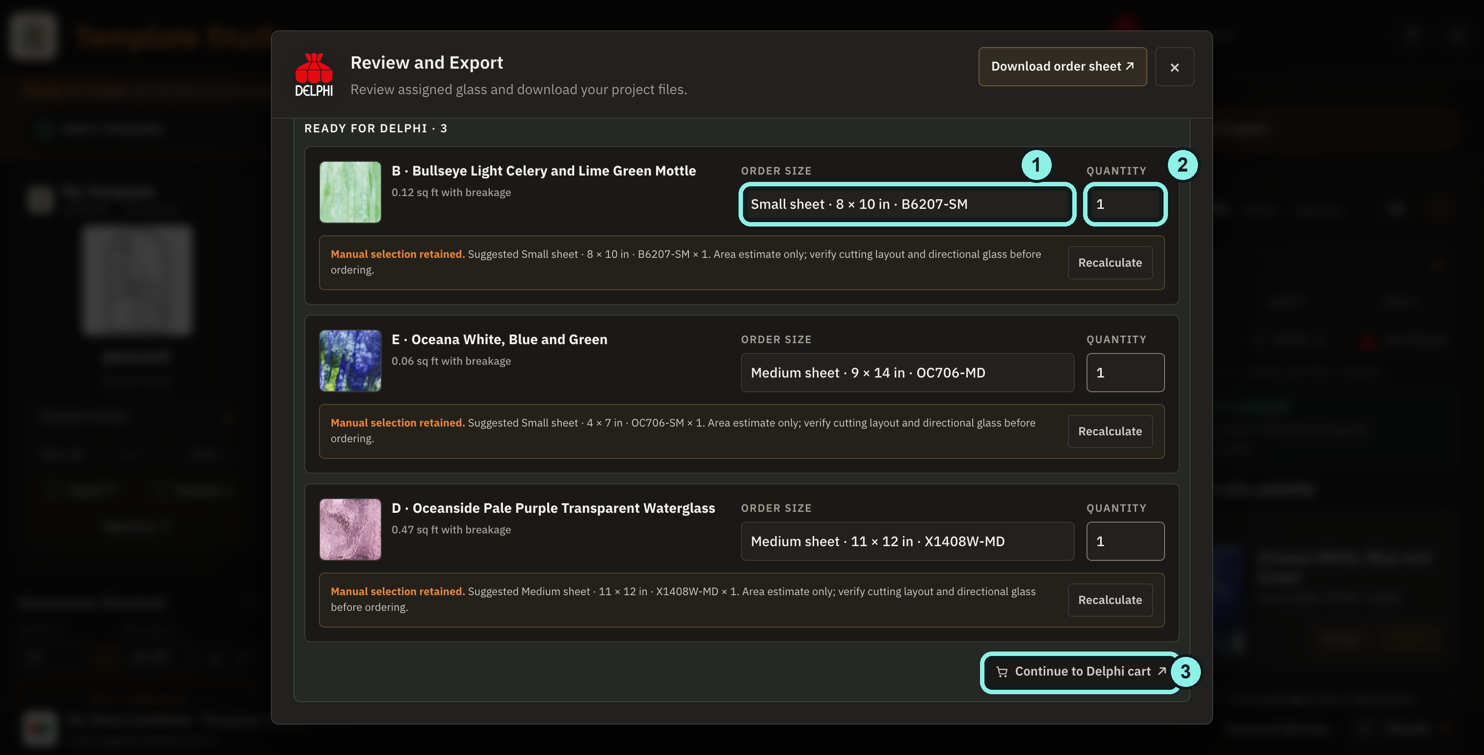 Lower Review and Export dialog with order-size and quantity controls, validation status, and optional Continue to Delphi cart outlined.