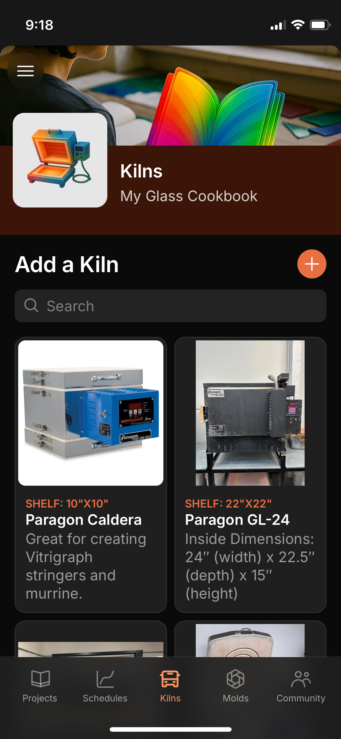 My Glass Cookbook App kilns screen showing saved kiln equipment cards.