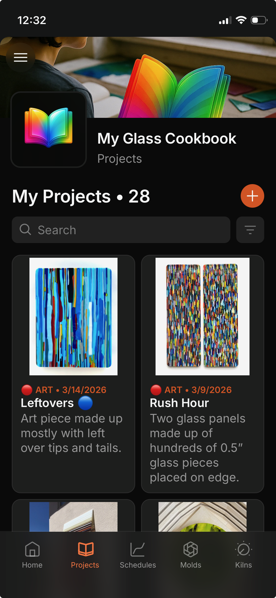 My Glass Cookbook App projects screen with colorful glass art project cards.