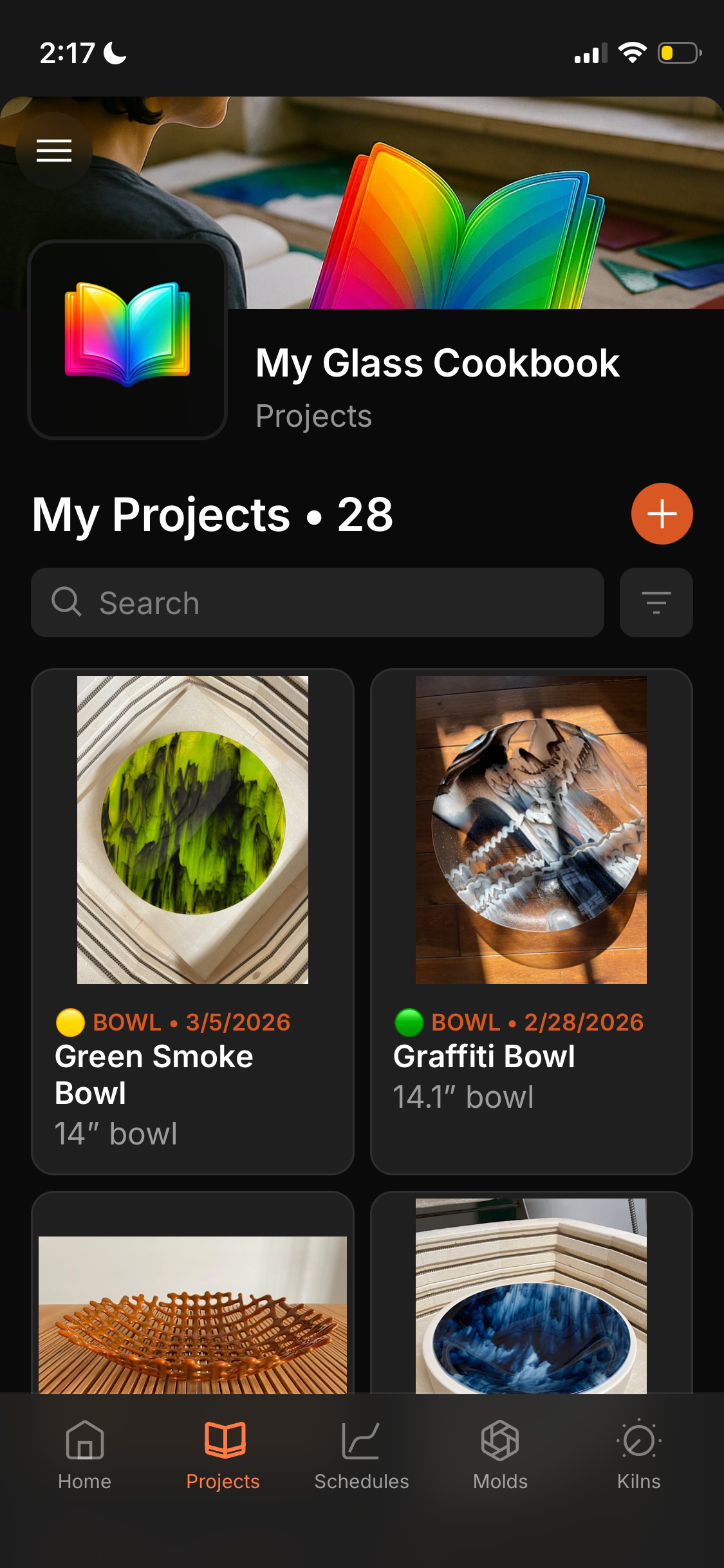 My Glass Cookbook App projects screen showing saved bowl project photos.