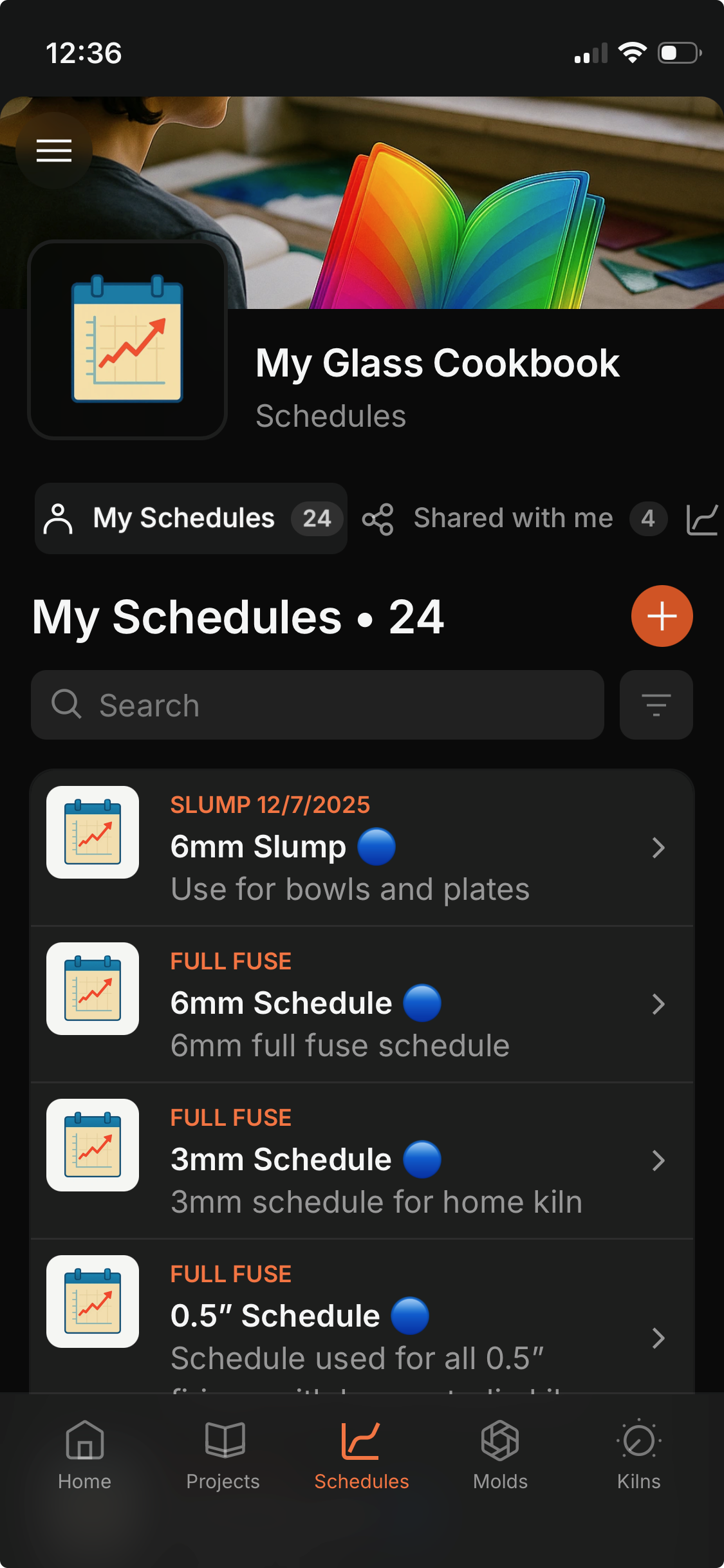 My Glass Cookbook App schedules screen with reusable firing schedule entries.