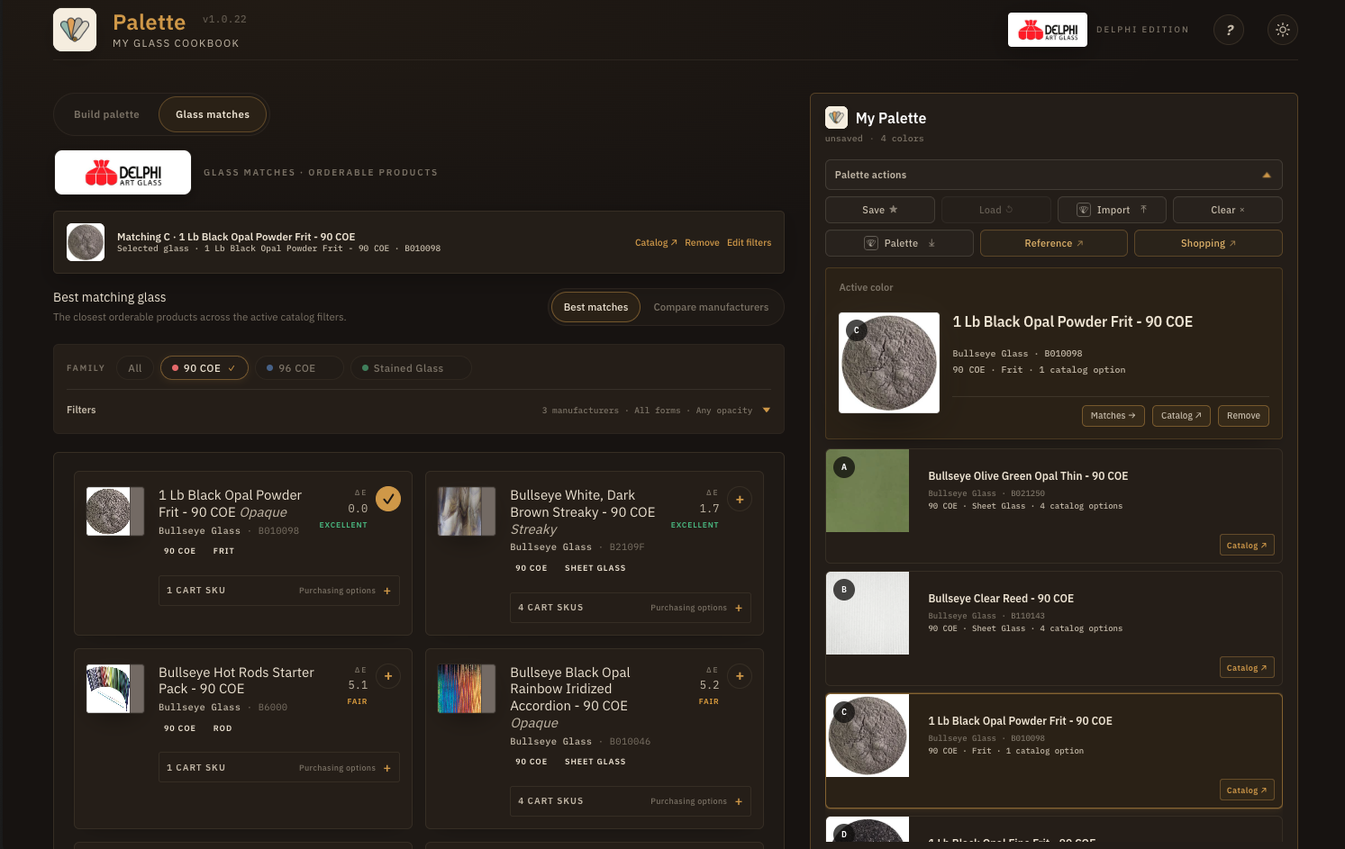 Palette app workspace showing Delphi-edition glass matches and a populated four-color palette.