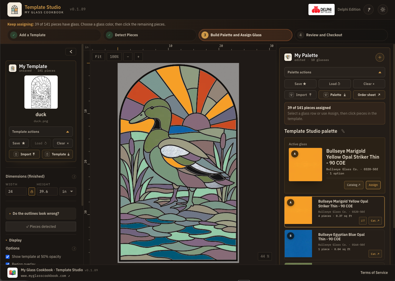 Template Studio workspace showing a stained glass duck template populated with assigned glass selections.