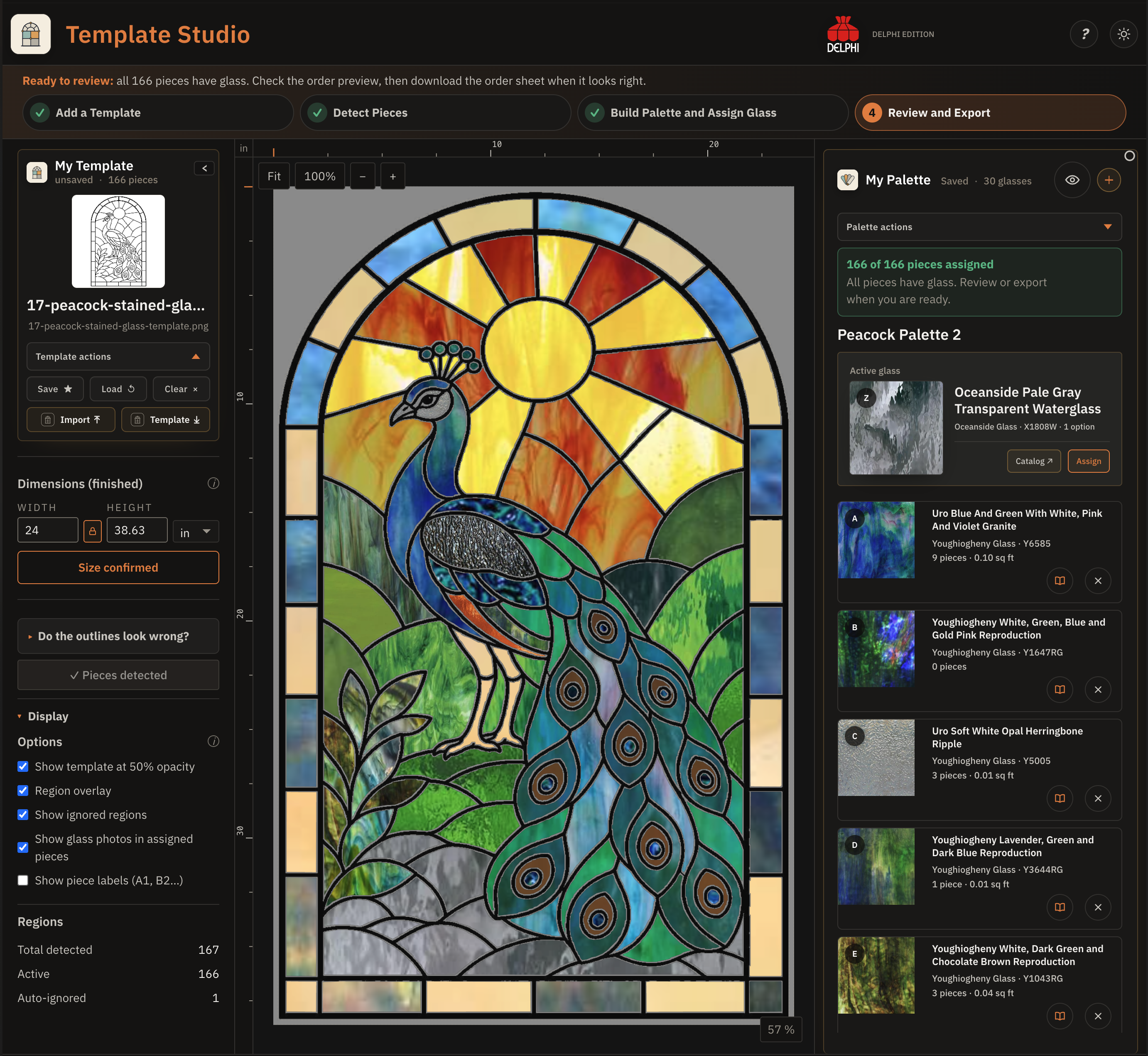 Template Studio showing a completed peacock stained-glass pattern with real Delphi glass assigned to its pieces